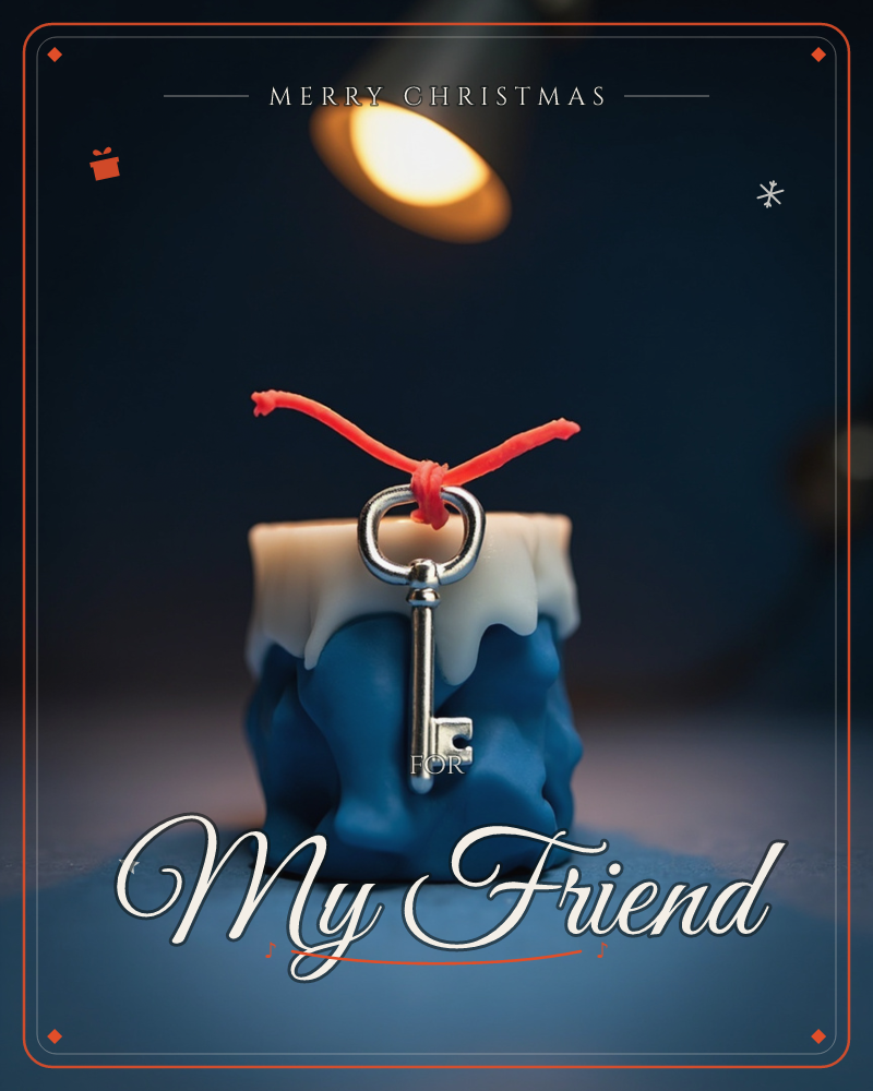 A single spotlight glows warmly from above onto a small clay mound, dripping white and dark blue like melted wax, with a vintage silver key hung from a…, a christmas e-card design