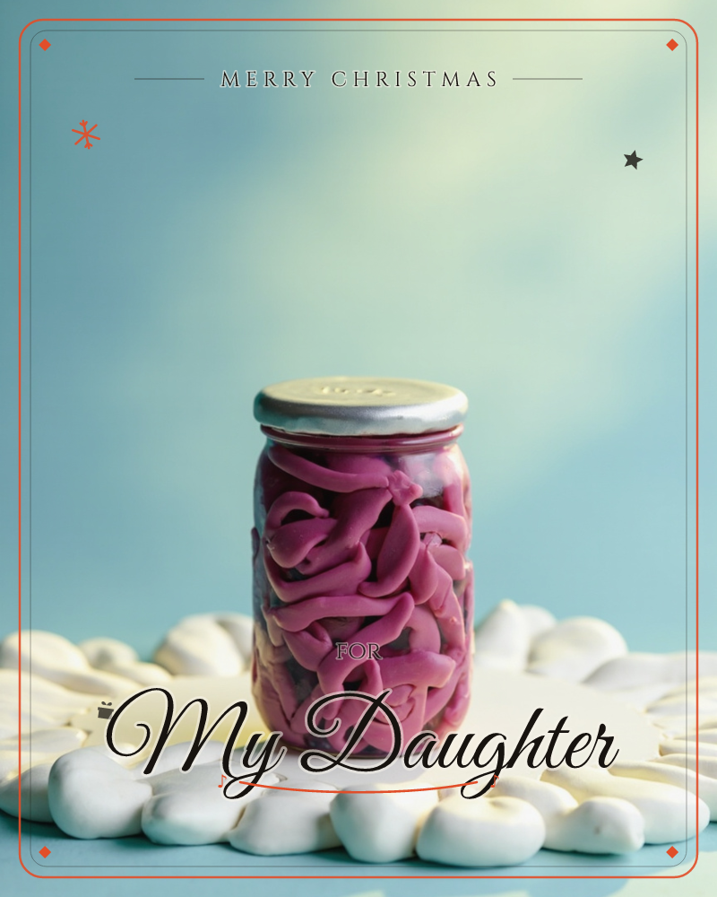 A glass jar with a silver lid sits filled with coils of glossy magenta ribbon-like shapes, photographed against a soft blue backdrop, a christmas e-card design