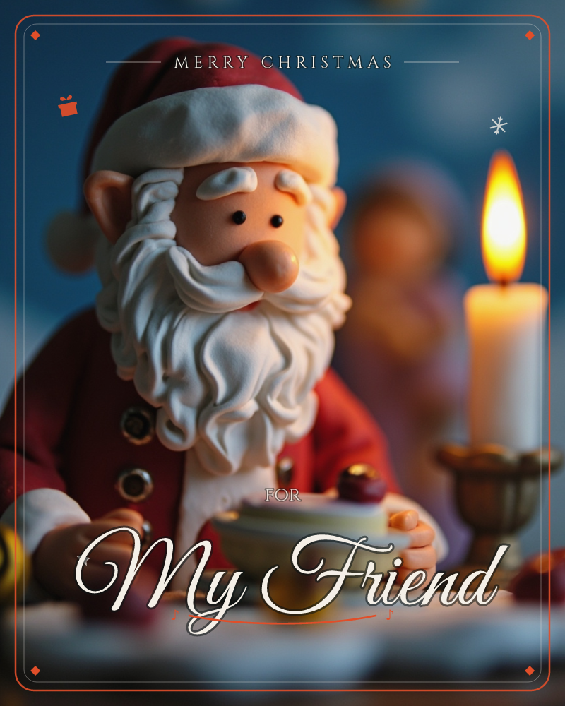 A clay-sculpted Santa figure sits close to camera, his bushy white beard and red coat rendered in soft, fingerprinted texture, beside a small lit…, a christmas e-card design