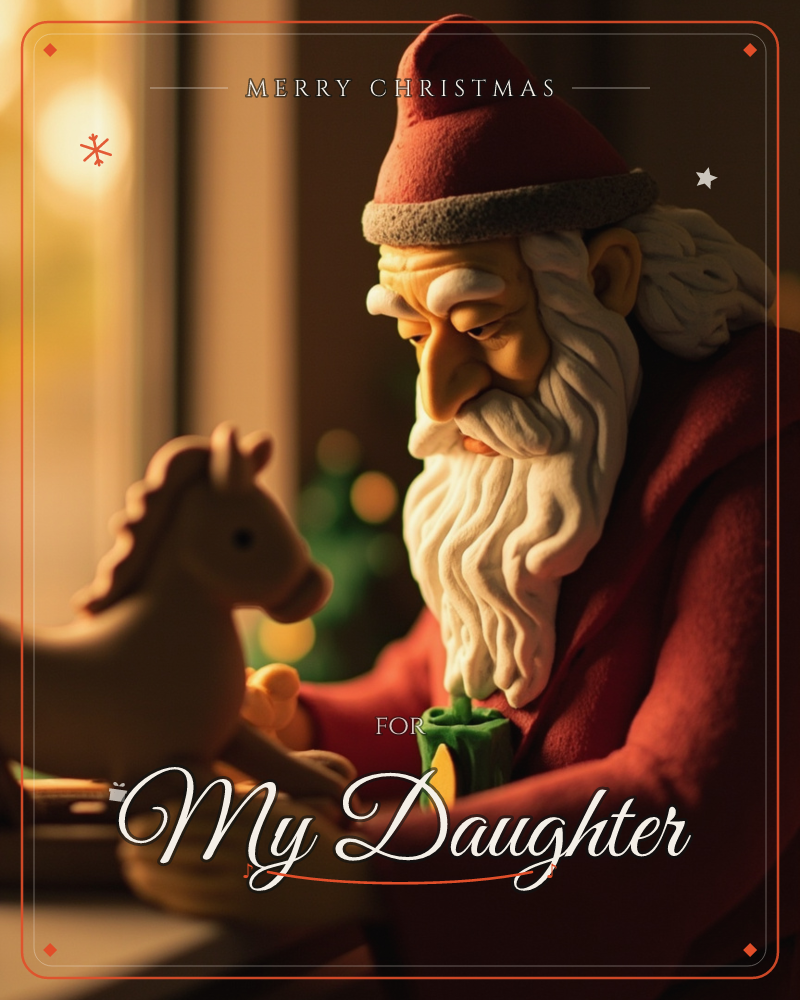 A carved Santa figurine sits at a windowsill workbench, gazing thoughtfully at a small wooden rocking horse he seems to be finishing, a christmas e-card design