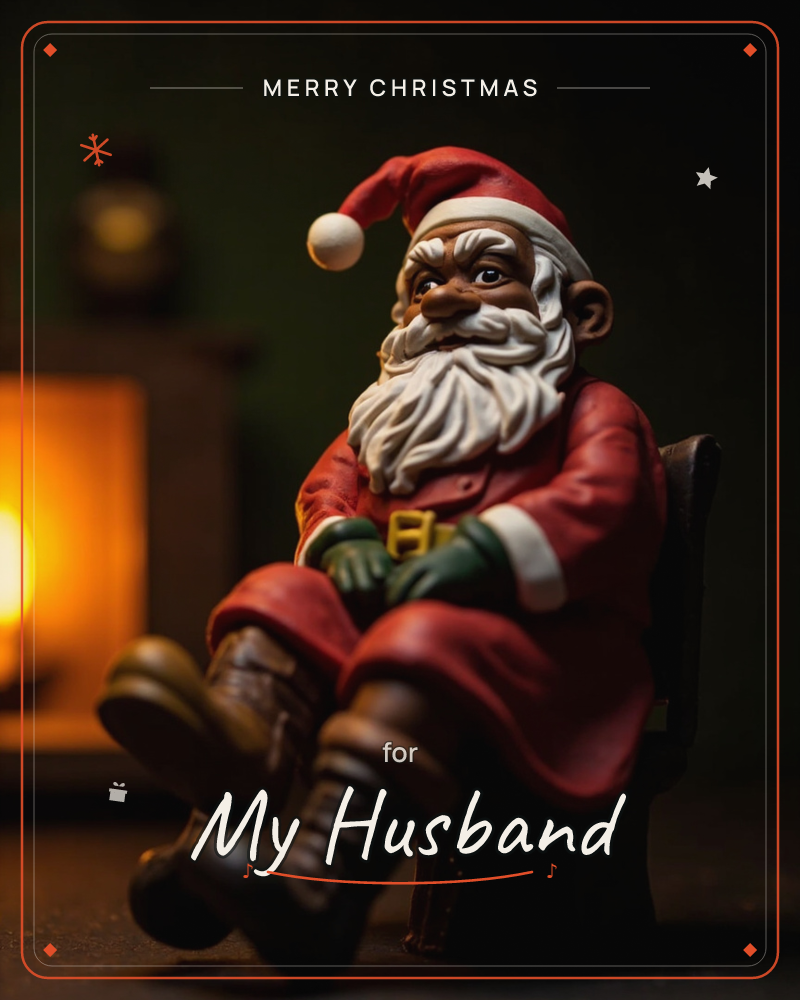 A carved Santa figurine sits back in a small wooden chair, boots crossed and resting, beside a glowing fireplace lit from within, a christmas e-card design