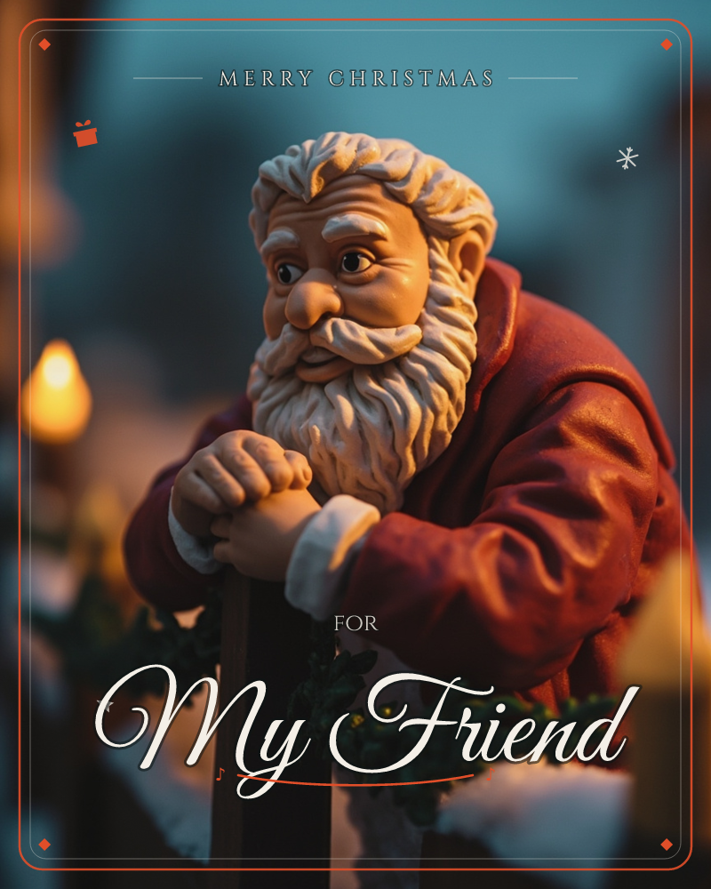 A carved Santa figurine leans thoughtfully on a wooden post, his weathered face and flowing white beard lit by warm golden light against a hazy blue dusk, a christmas e-card design