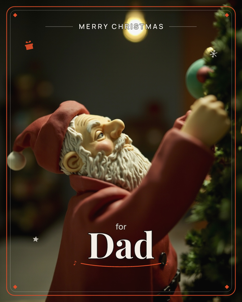 A carved Santa figurine in a soft red coat and hood reaches up to hang a bauble on a Christmas tree, caught mid-stretch under a single warm bulb…, a christmas e-card design
