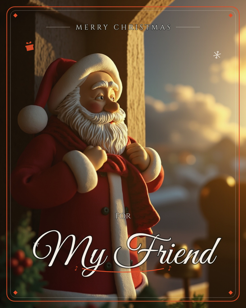 A claymation-style Santa figure stands in a stone archway, bundled in his red coat and scarf as golden sunset light spills across a distant snowy town, a christmas e-card design