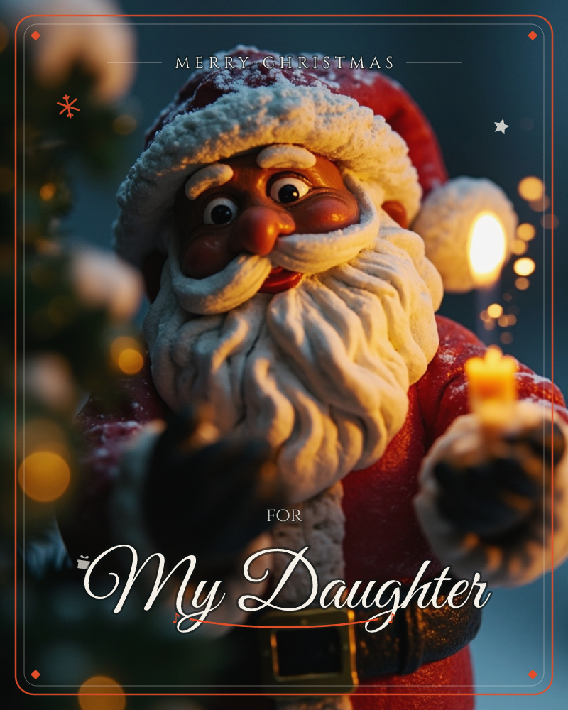A close-up of a snow-dusted Santa figurine, his white beard and fur trim catching the glow of a small candle held in one mittened hand, a christmas e-card design
