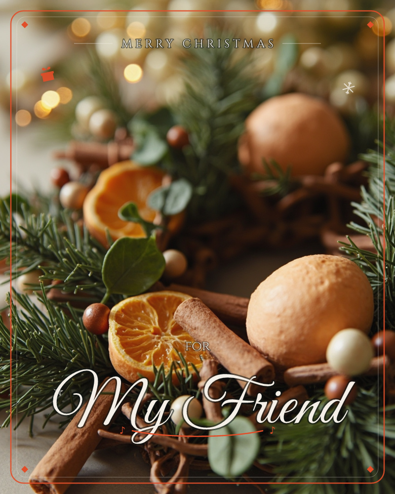 A close-up festive wreath arrangement of pine sprigs, cinnamon sticks, dried orange slices, and small beaded berries, with soft golden fairy lights…, a christmas e-card design