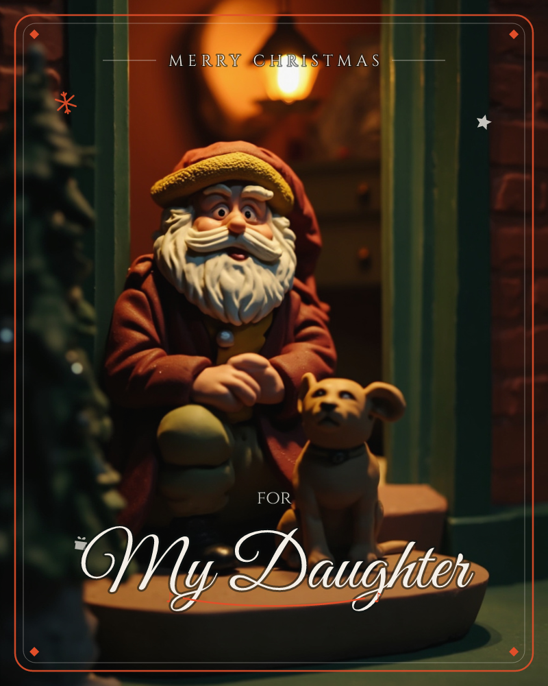A claymation-style Santa figure kneels on a lit doorstep beside a small dog, warm lamplight glowing from the doorway behind him and a fir tree brushing…, a christmas e-card design