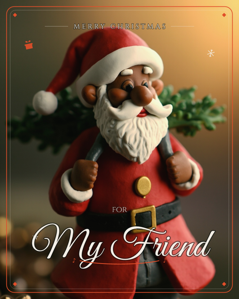 A handcrafted clay figure of Santa Claus stands smiling with a bushy white beard and a red coat with a black belt, carrying a bundle of pine branches…, a christmas e-card design