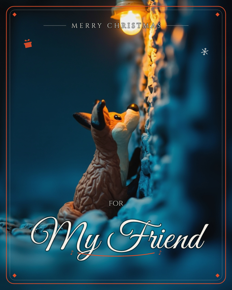 A small fox figurine sits on a stone ledge at night, tilting its head up toward a warm lamp glowing against a rough textured wall, a christmas e-card design