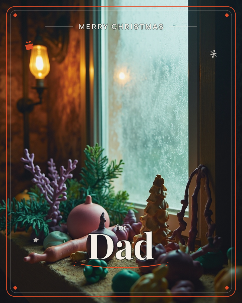 A frosted windowsill glows softly under an amber wall lantern, cluttered with tiny sculpted ornaments, a pale golden tree, coral-like sprigs, and…, a christmas e-card design