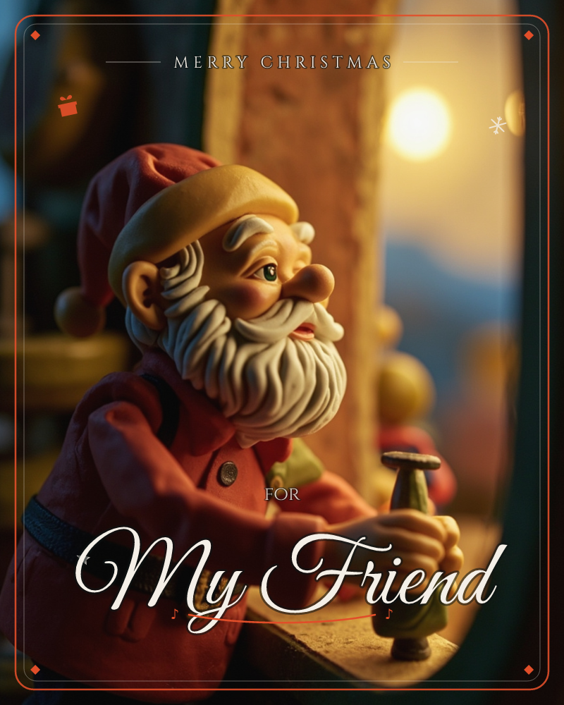 A stop-motion style Santa figure with a bushy white beard and red suit leans through a round window frame, gripping a small hammer as if hard at work…, a christmas e-card design