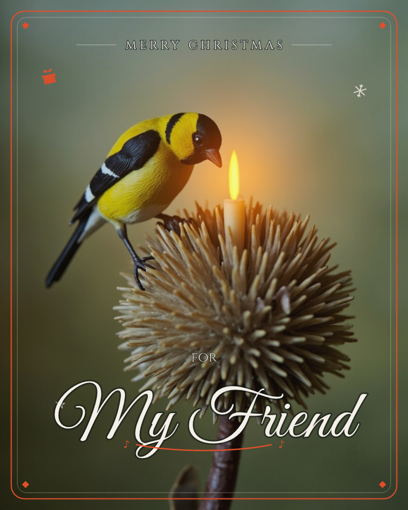 A goldfinch with bold yellow and black plumage perches on a spiky dried thistle head, gazing at a tiny lit candle nestled among the seed spikes, a christmas e-card design