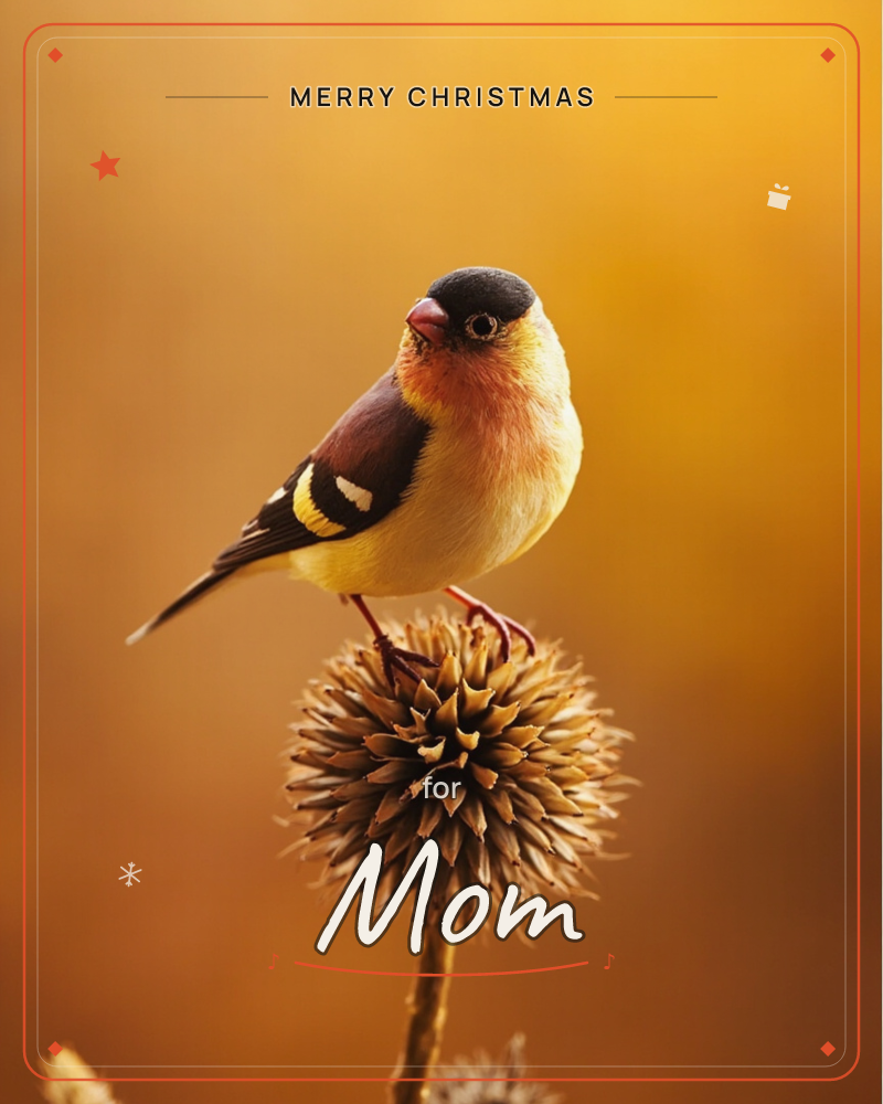 A small finch with a black cap, warm rust-and-gold plumage and a striped wing perches on a spiky dried seed head, its red-brown legs gripping the spent…, a christmas e-card design