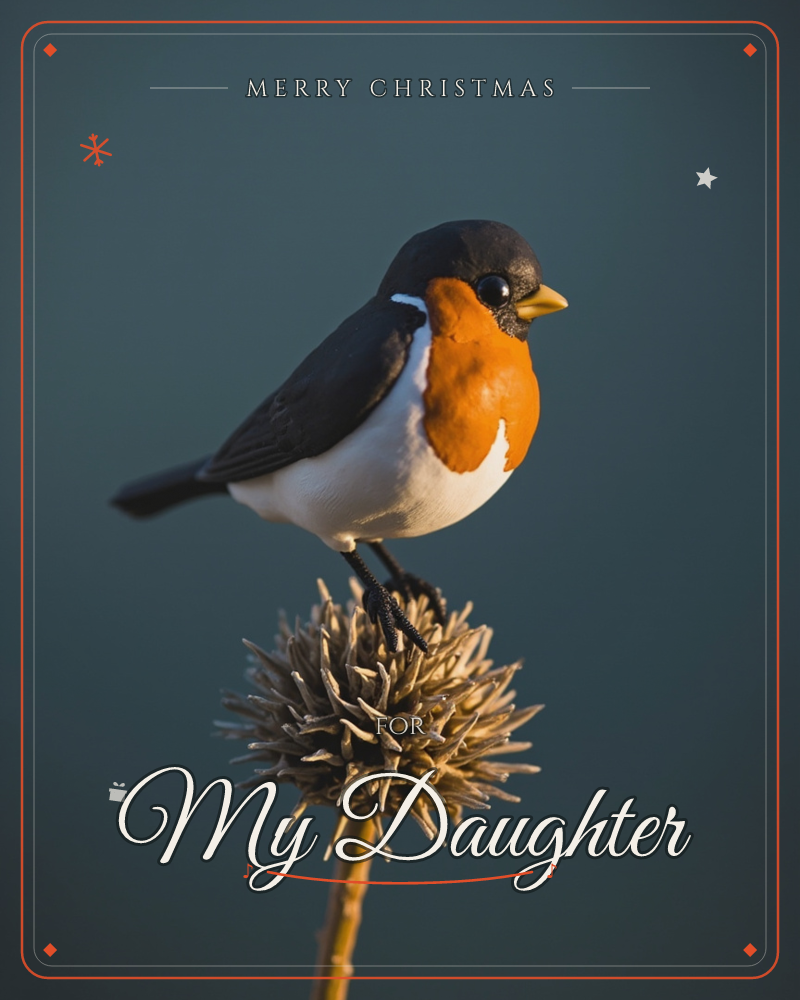 A small bird with a slate-grey head, burnt-orange throat and white belly perches lightly on a spiky dried seed head, a christmas e-card design