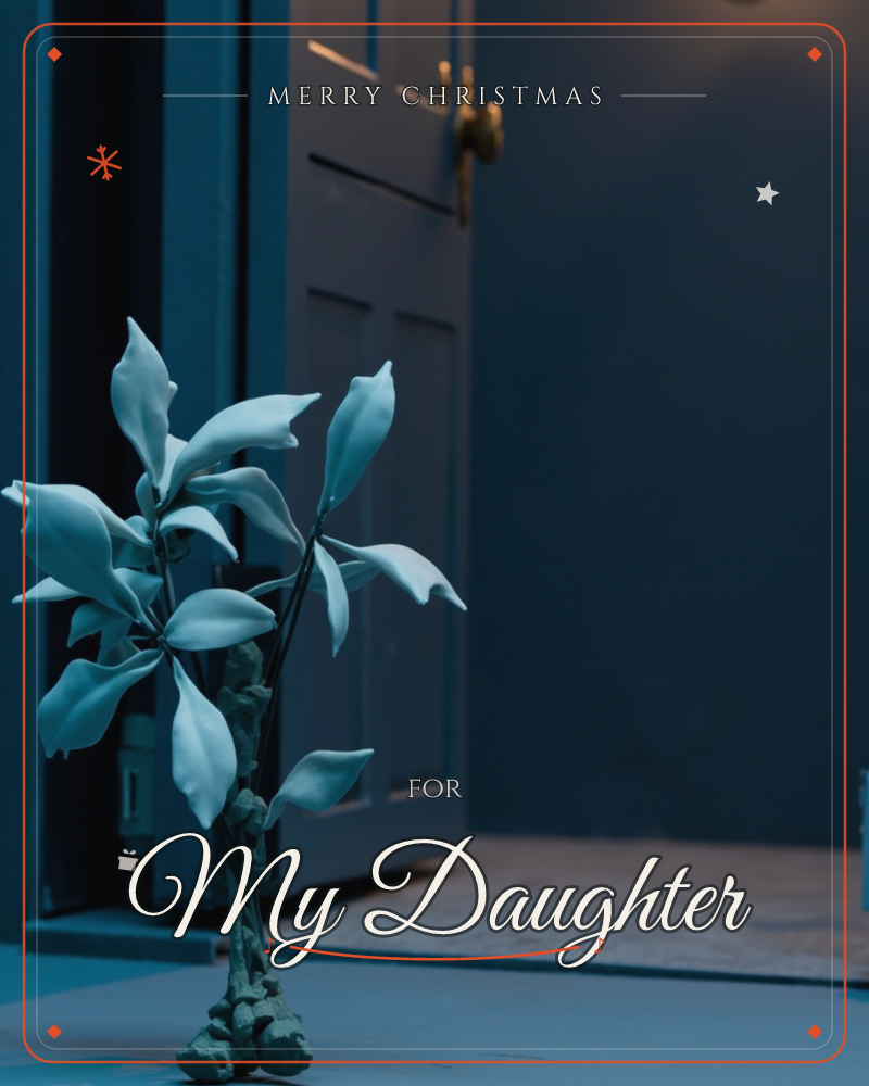 A slender plant with pale, leaf-like blooms stands in near-darkness beside a half-open panelled door, its brass handle catching a sliver of warm light, a christmas e-card design