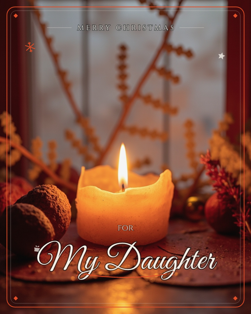 A single ivory candle burns on a windowsill, its flame glowing warm against a dim, frosted window behind, a christmas e-card design