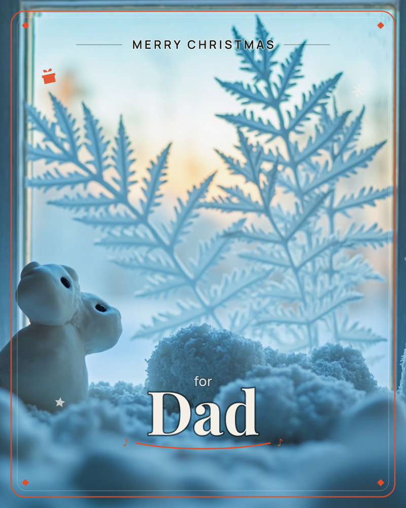 A pair of small white ceramic rabbit figures sit nose to nose on a snowy windowsill, framed by a windowpane etched with delicate frost ferns, a christmas e-card design