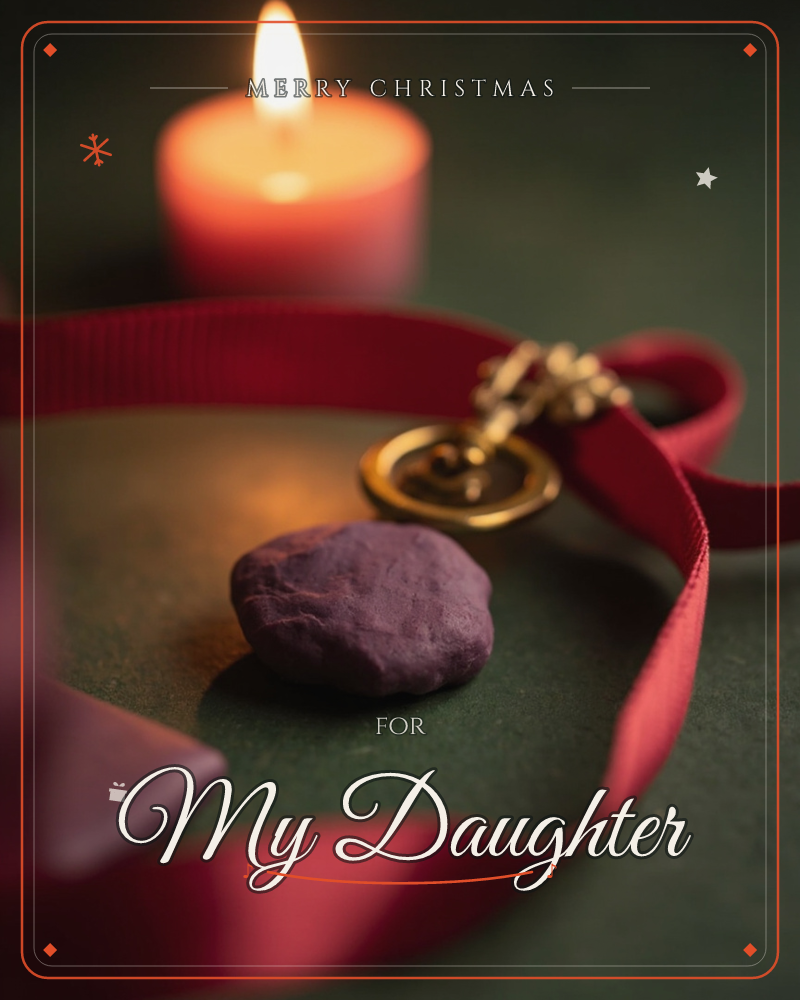 A softly lit tabletop scene shows a lit votive candle glowing behind a curled length of deep red ribbon, a small gold pendant, and a smooth purple…, a christmas e-card design