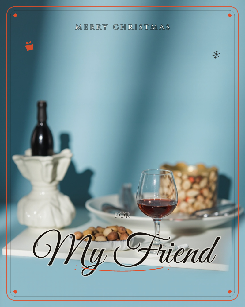 A still-life tableau on a white plinth against a soft blue backdrop: a dark wine bottle nestled in a sculpted white ceramic vase, a glass of red wine…, a christmas e-card design