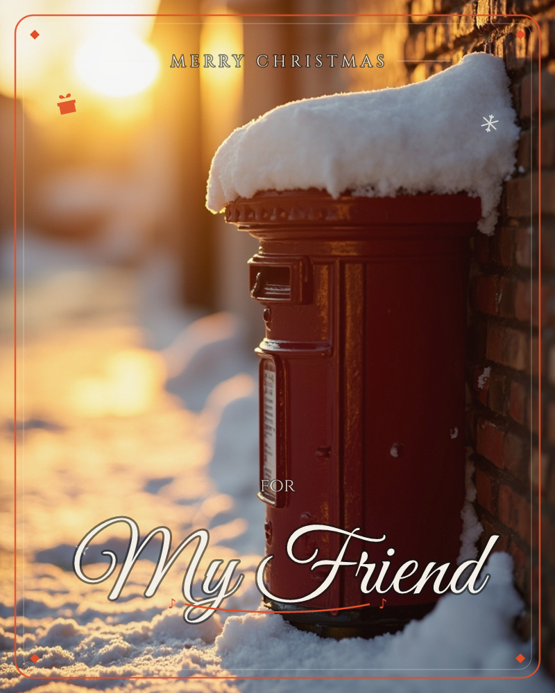 A classic red postbox sits against a brick wall, capped with a thick layer of fresh snow and glowing in the warm light of a low winter sun, a christmas e-card design