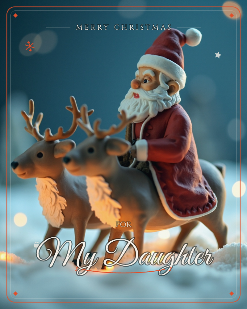 A carved-looking Santa figurine rides behind two antlered reindeer through a drift of snow, tiny warm lights glowing at their feet like scattered embers, a christmas e-card design