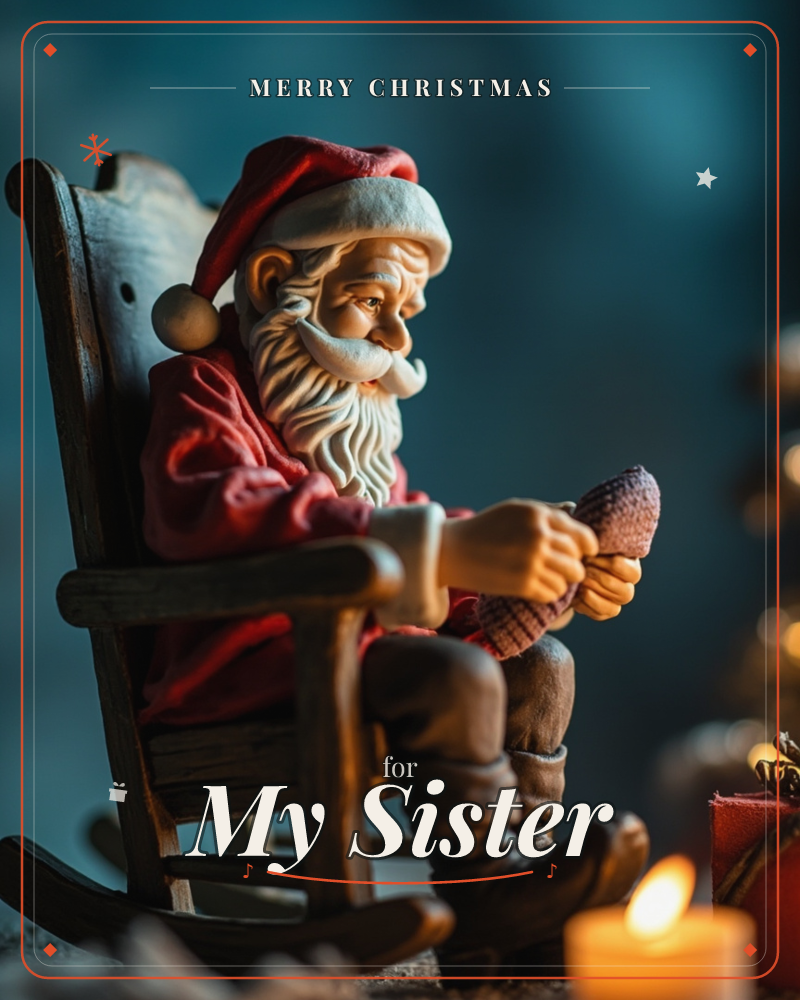 A carved figurine of Santa Claus sits in a wooden rocking chair, holding a small knitted stocking in his weathered hands, a christmas e-card design