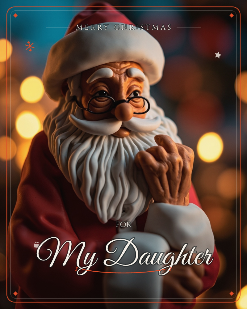 A close-up figurine of Santa Claus with round wire-rimmed glasses, a fluffy white beard, and a red cap trimmed in white sits against a softly blurred…, a christmas e-card design
