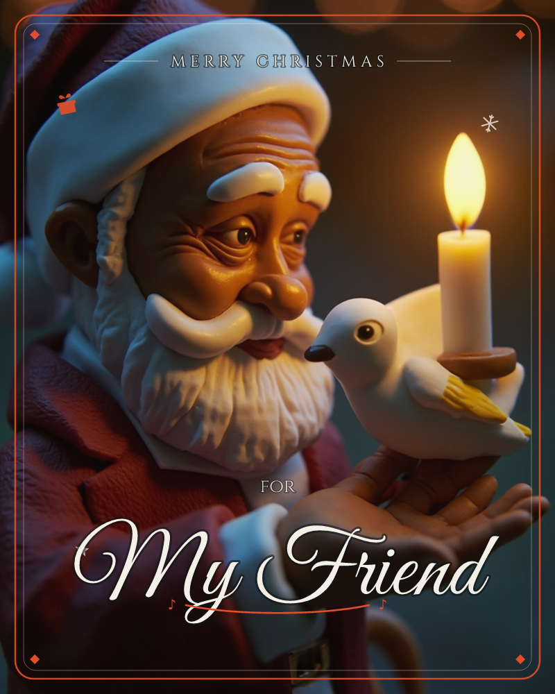 A close-up figurine of Santa Claus cradles a small white bird carrying a lit candle in its beak, his weathered face lit warmly by the tiny flame, a christmas e-card design