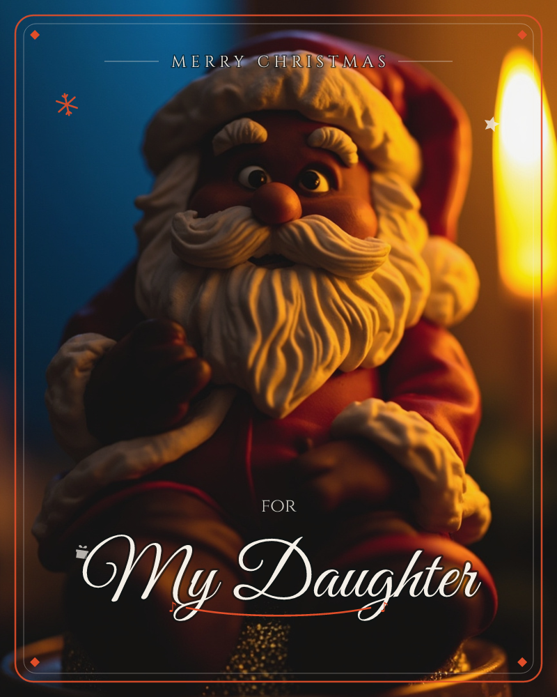 A carved Santa figurine sits glowing beside a tall candle flame, its bushy white beard and red coat catching warm firelight against a deep blue backdrop, a christmas e-card design