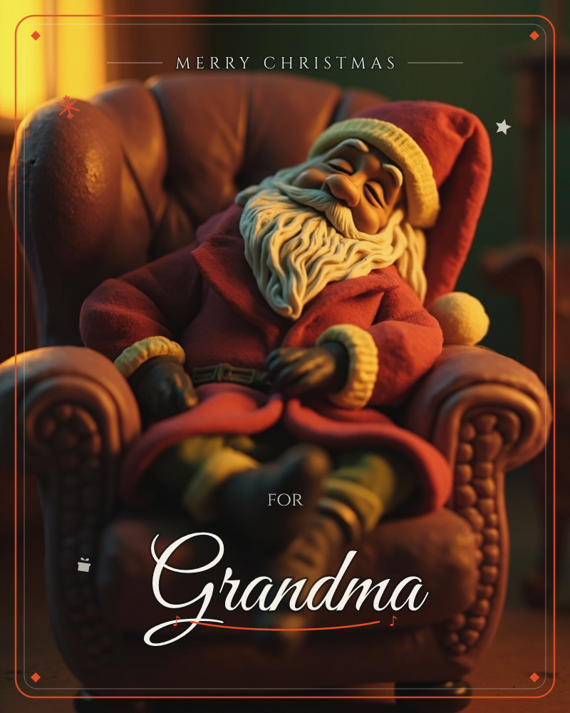 A figurine of Santa Claus dozes off in a plush leather armchair, his hands folded over his belly and his boots crossed at the ankle, a christmas e-card design