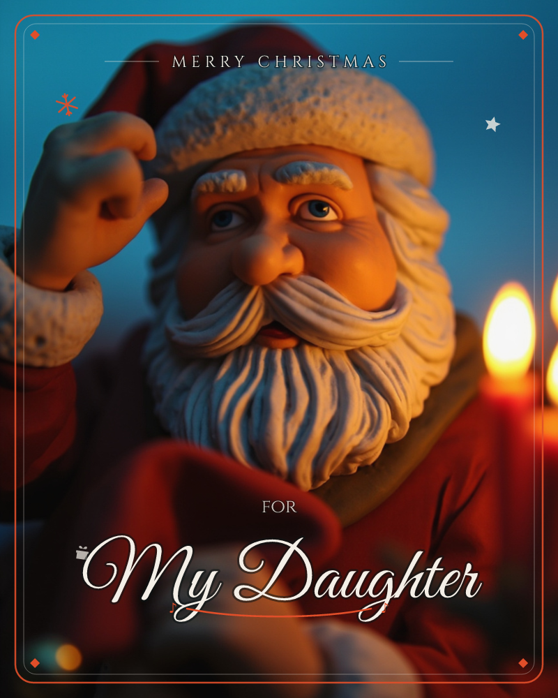 A close-up figurine of Santa Claus glows in warm candlelight against a deep blue night backdrop, his white beard and fur trim catching the amber…, a christmas e-card design