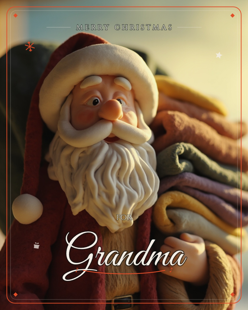 A close-up of a sculpted Santa figure with a richly textured white beard and red hooded coat, cradling a stack of folded blankets in mustard, rust…, a christmas e-card design