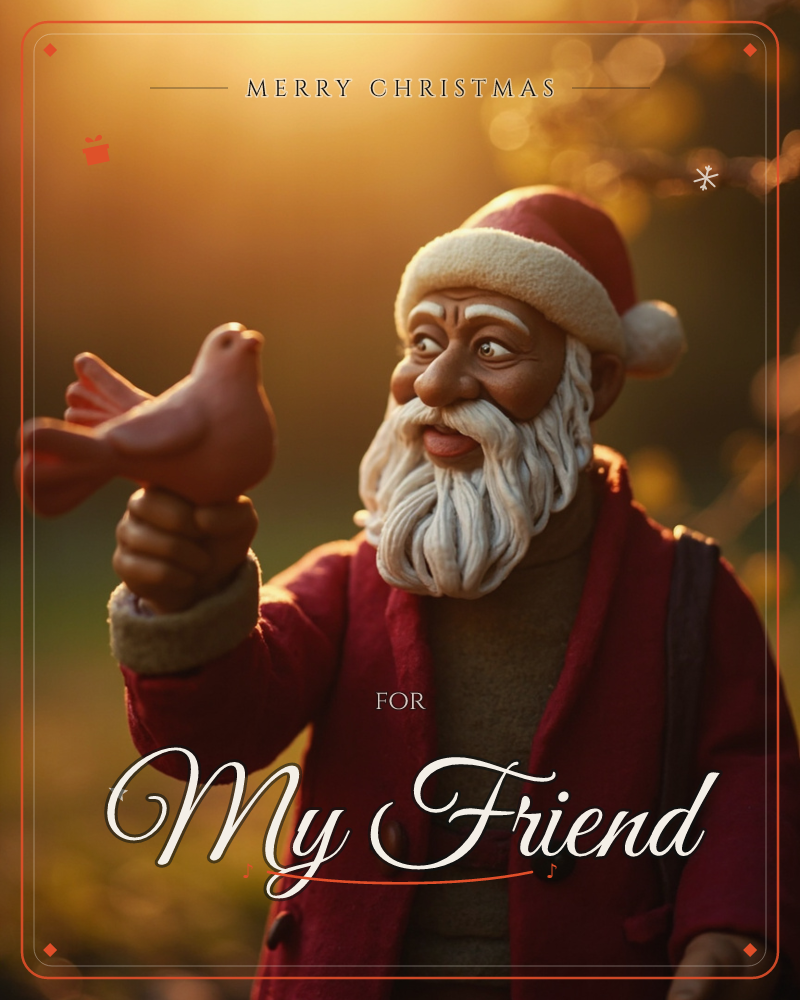 A Santa figure with a carved, toy-like face holds up a small wooden bird ornament, examining it with a delighted grin in the glow of a golden-hour sunset, a christmas e-card design