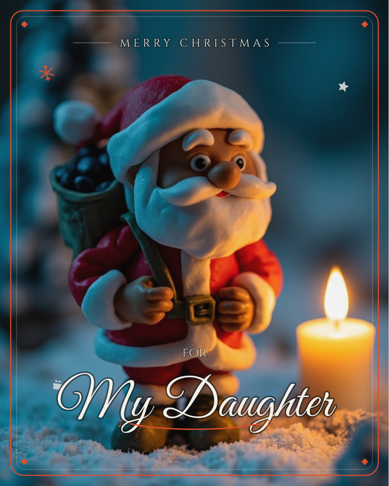 A small clay figurine of Santa Claus stands in the snow beside a lit candle, its warm glow catching his red coat and white beard against a dim, frosty…, a christmas e-card design