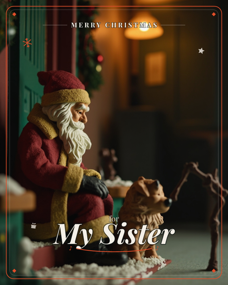 A weathered Santa figurine sits on a snow-dusted doorstep beside a green door, gazing down at a small dog that looks up at him, a christmas e-card design