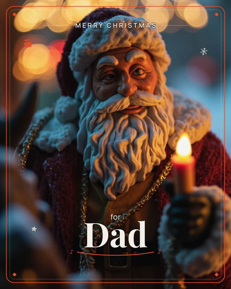 A close-up of a carved Santa figure in a deep red velvet coat, his white beard glowing warm against the candle he holds in a fur-trimmed glove, a christmas e-card design