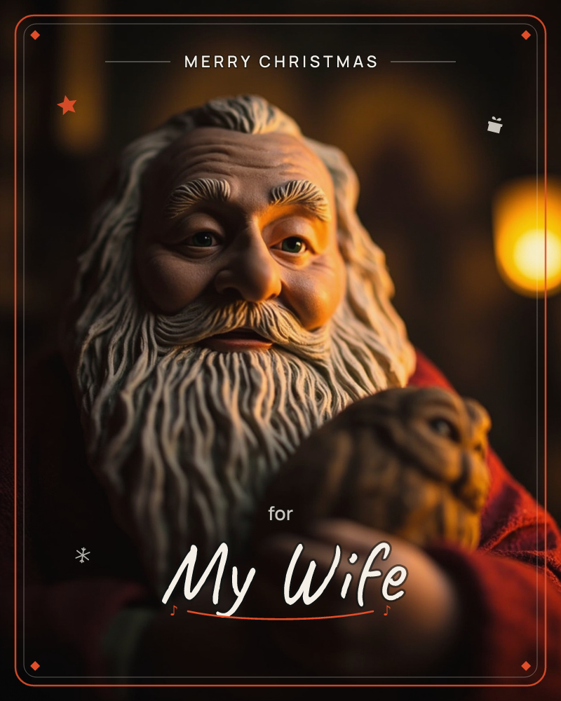 A close-up of a carved Santa figure with a long white beard and deep-set eyes, cradling a small carved sack in one hand, a christmas e-card design