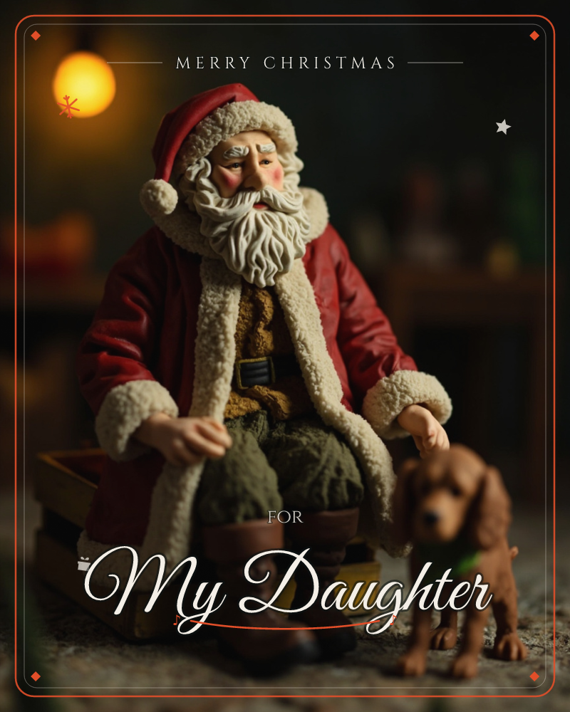 A weathered figurine of Santa Claus sits on a wooden crate in a dimly lit room, his fur-trimmed red coat and long white beard catching a warm amber…, a christmas e-card design