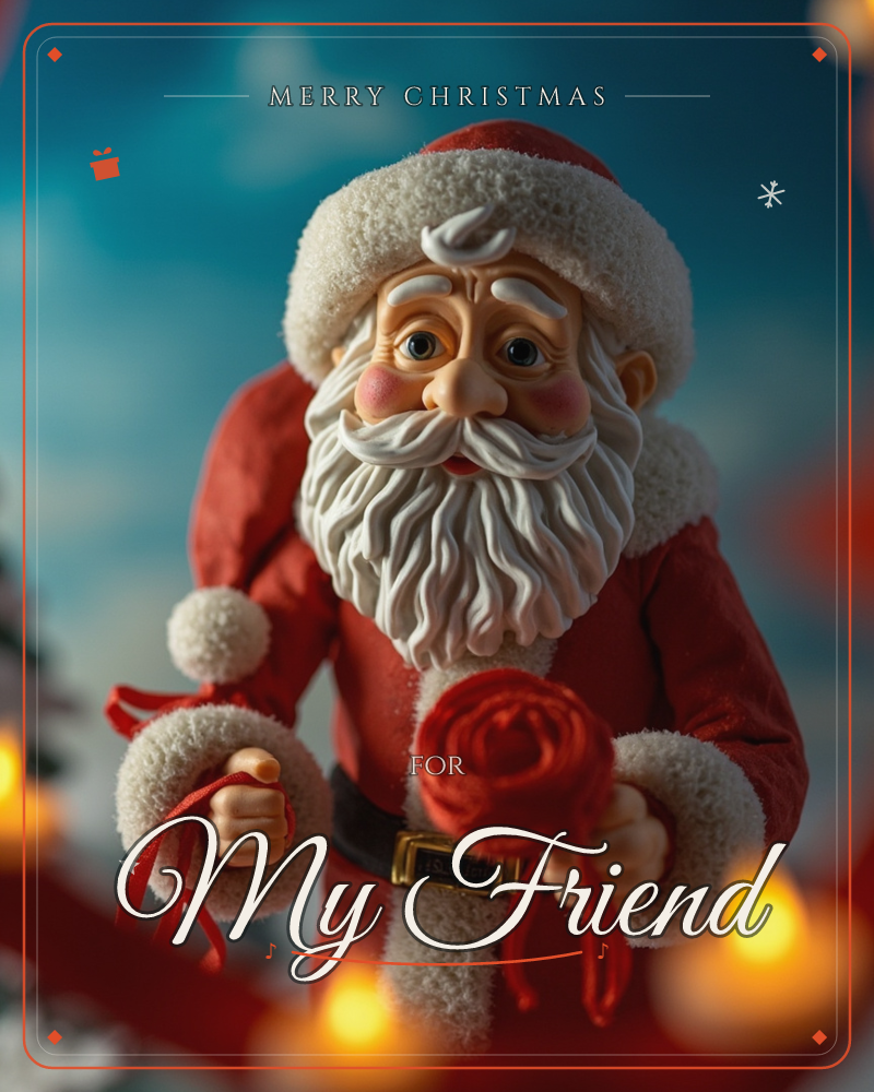 A sculpted Santa figure stands close-up against a deep twilight-blue sky, his fur-trimmed red coat and curling white beard rendered in soft…, a christmas e-card design