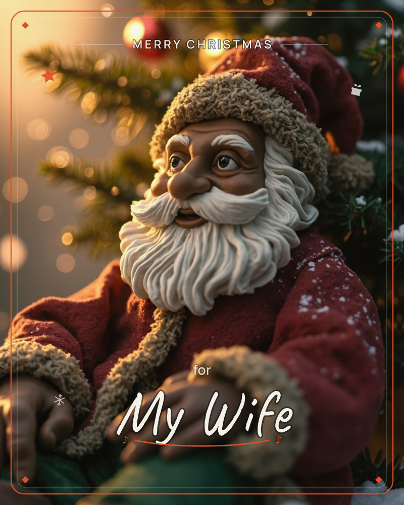 A close-up of a carved Santa figurine with a snowy white beard and warm brown eyes, dressed in a fur-trimmed red coat, sits nestled against a glowing…, a christmas e-card design