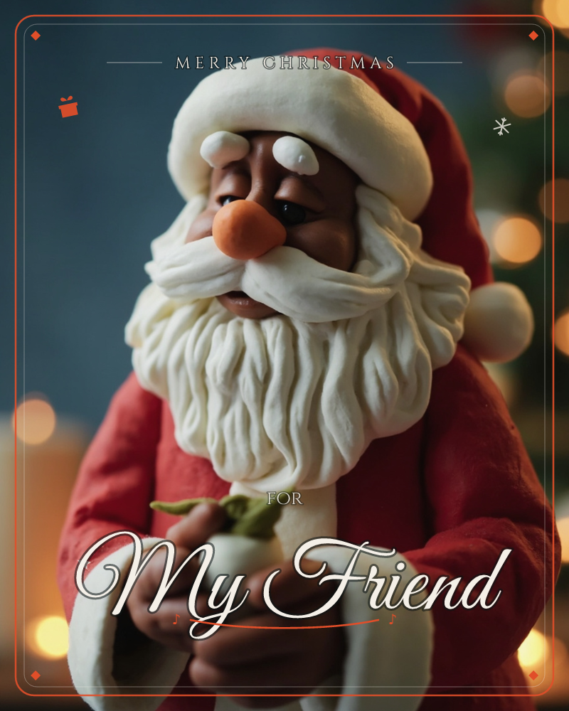 A handcrafted clay Santa figure stands close in soft focus, his sculpted white beard and fur trim textured like carved dough, red coat glowing under…, a christmas e-card design