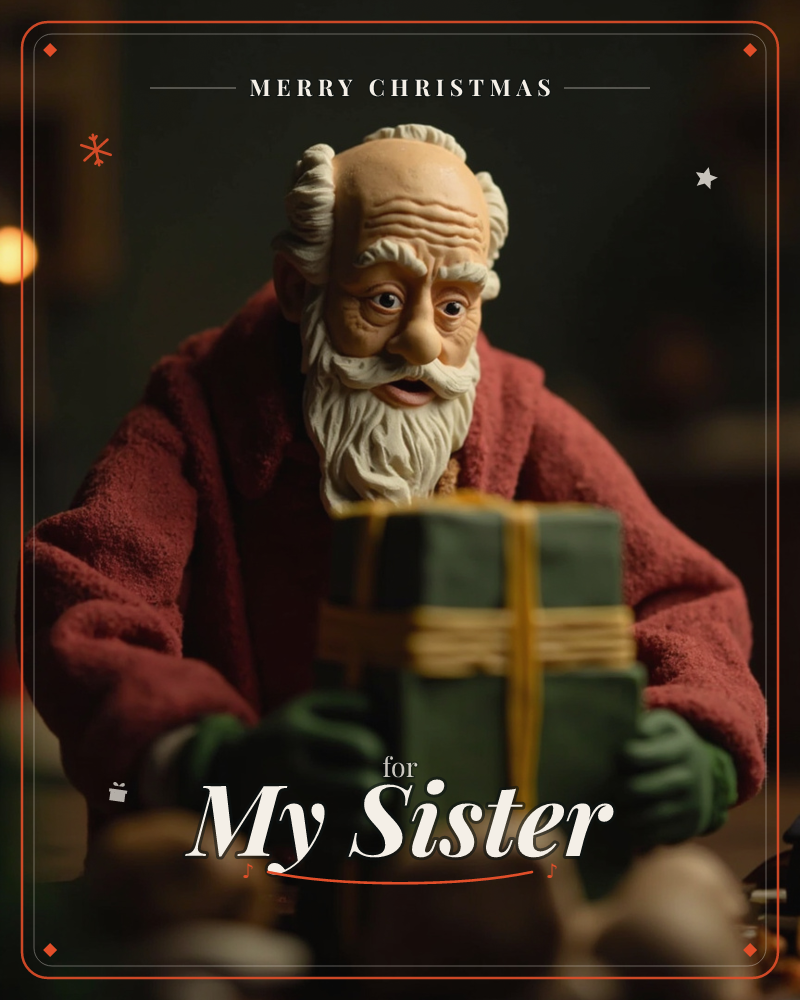 A stop-motion style Santa figure with a lined, expressive face and thick white beard leans over a wrapped green gift tied with gold ribbon, a christmas e-card design