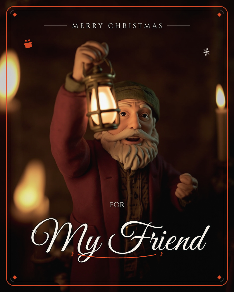A weathered, sculpted figure of an old man with a bushy white beard and moustache stands in near darkness, dressed in a deep red coat and green cap…, a christmas e-card design