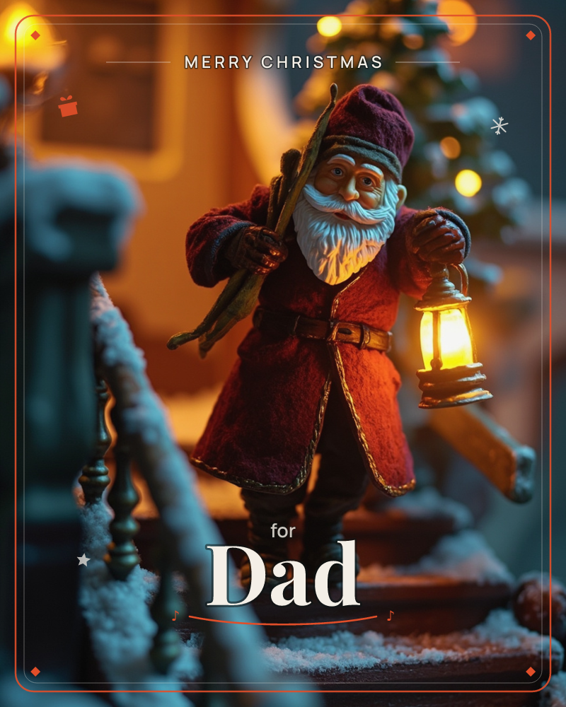 A miniature Santa figurine descends a snow-dusted staircase, carrying a lit lantern and a bundle of skis or branches over one shoulder, a christmas e-card design
