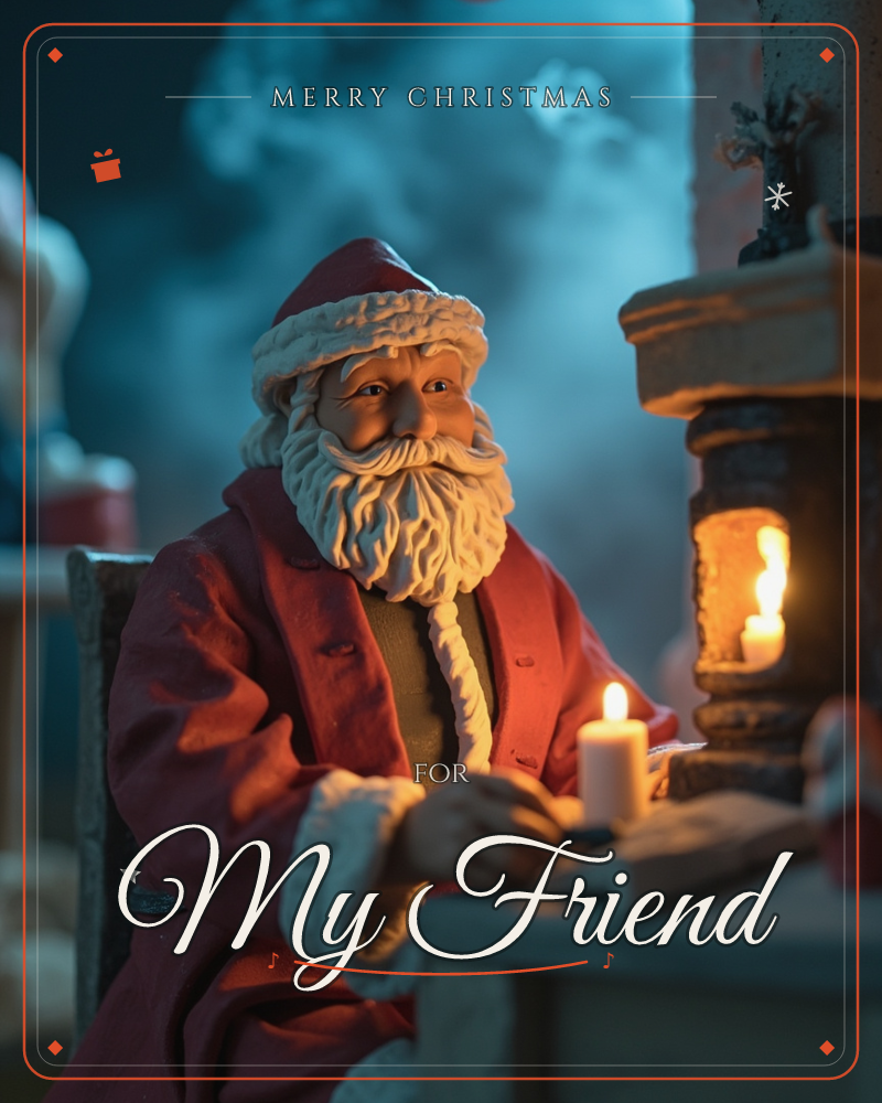 A sculpted Santa figure sits at a small wooden desk beside a glowing stove, candlelight flickering across his red coat and white beard, a christmas e-card design