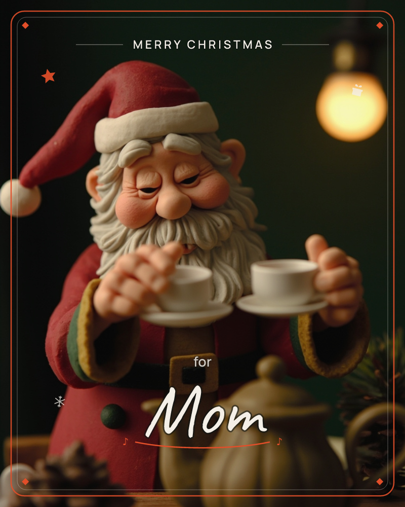 A claymation-style Santa figure sits with eyes closed, cradling two small teacups on saucers beside a squat brass teapot, a christmas e-card design