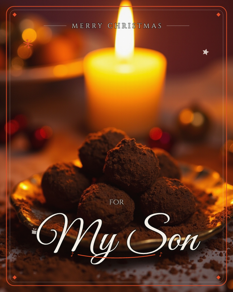 A small scalloped-edged plate holds a pile of cocoa-dusted chocolate truffles, their dark surfaces catching the warm glow of a lit candle just behind them, a christmas e-card design