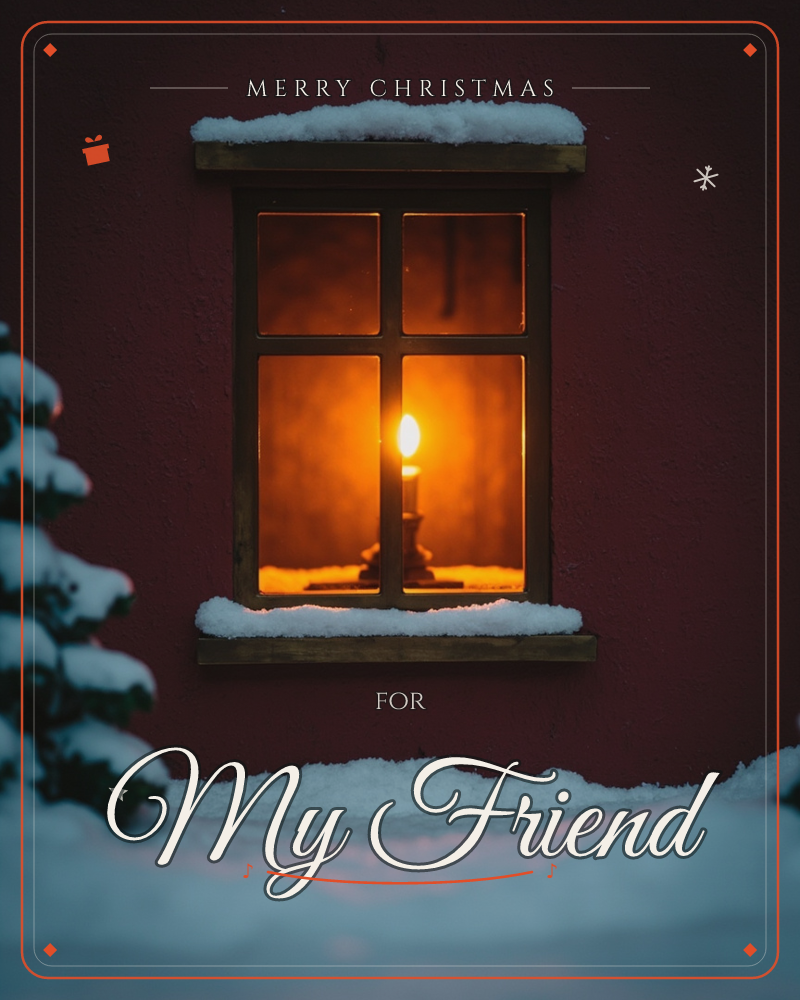 A snow-topped window glows amber against a dark red cottage wall, a single candle flickering on its sill inside, a christmas e-card design