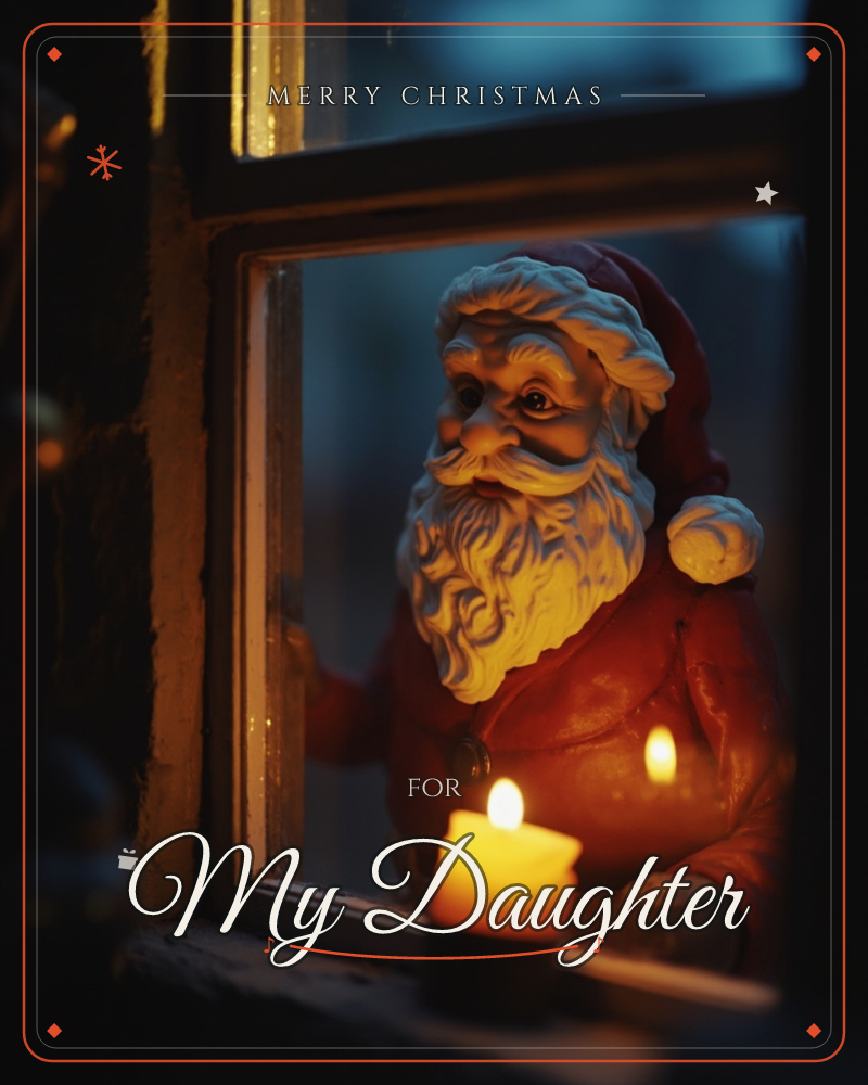 A weathered Santa figurine peers through an old wooden window pane, lit from below by the warm flicker of a candle on the sill, a christmas e-card design