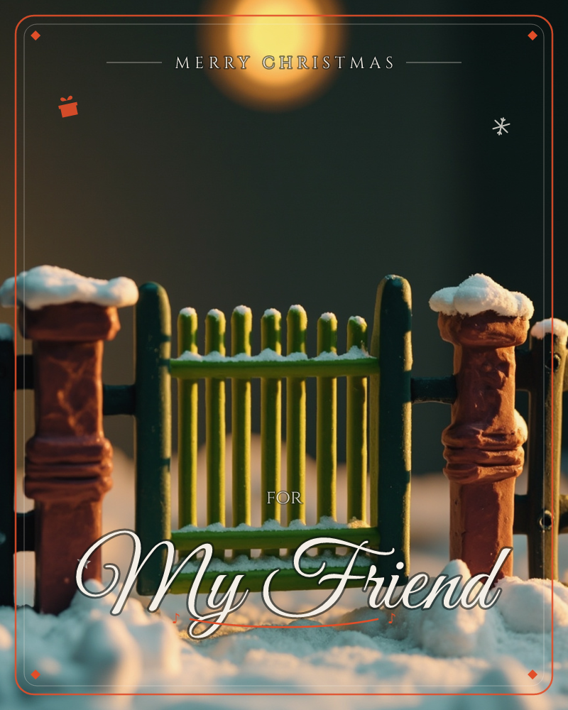 A miniature green picket gate sits between weathered brick-red posts, all capped with soft mounds of snow, a christmas e-card design